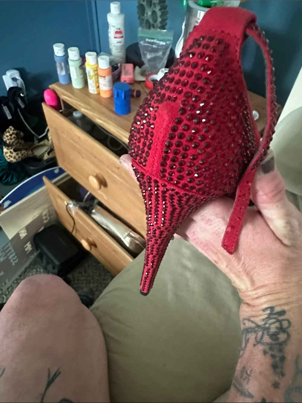 Steve Madden Red Rhinestone Ankle-Strap Pumps with Leopard-Print Toe